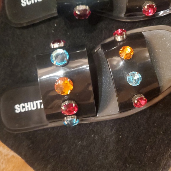 SCHULTZ SIZE 8 Black Slide Sandals with Colorful Gems - Picture 2 of 6